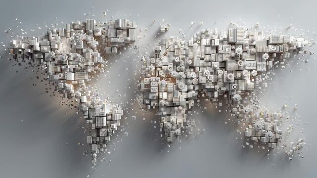 A world map constructed from intricate, 3D abstract geometric building blocks and shapes