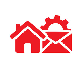 Obraz premium Red icon combining a house, envelope, and gear symbolizes home automation management or property service settings isolated on a transparent