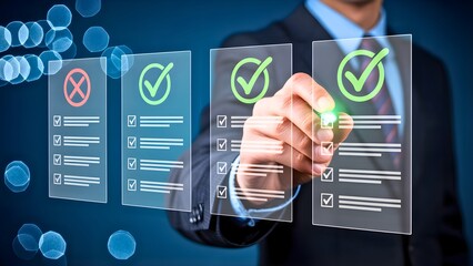 Business professional checking off tasks on a digital checklist with glowing checkmarks