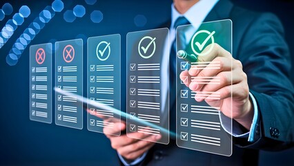 Professional Actively Managing and Evaluating Business Tasks on an Advanced Digital Checklist Interface, Symbolizing Efficient Goal Attainment and Strategic Decision-Making in a Modern Environment