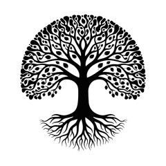 Tree Silhouette with Intricate Roots and Branches.