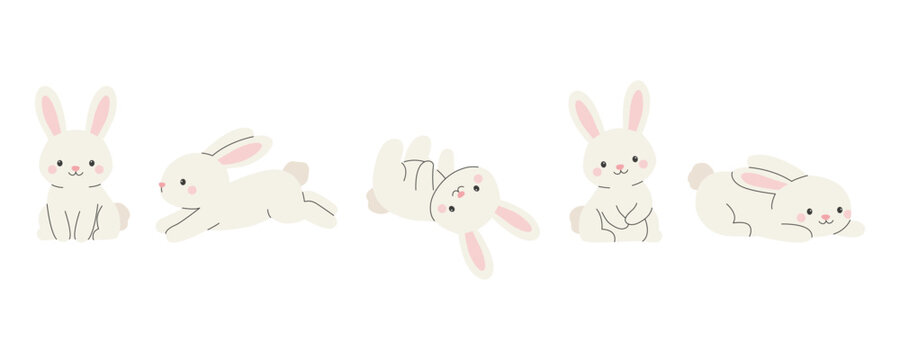 Set of cute bunnies in different playful poses on white background. Flat vector illustration.