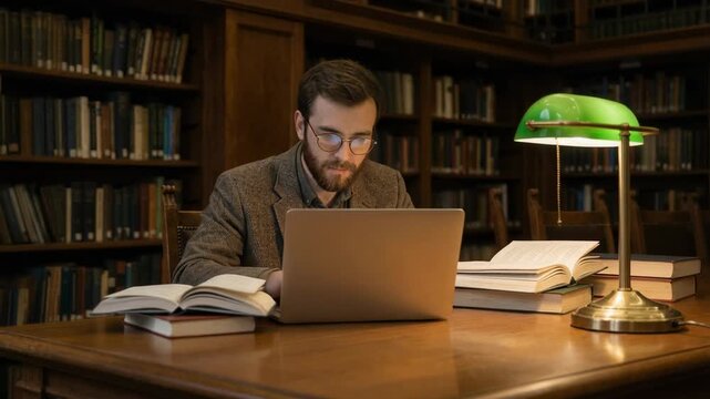 Focused man researching intensely on laptop in dimly lit cozy library surrounded by books
