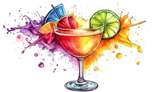 Refreshing cocktail art with colorful liquid splashes, lime, and fruit creating a lively, energetic summer drink concept