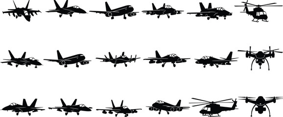 Military aircraft silhouette icon set with fighter jets and helicopters for aviation defense war designs © Rubya