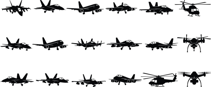 Military aircraft silhouette icon set with fighter jets and helicopters for aviation defense war designs