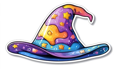 Fantasy wizard hat doodle sticker with vibrant colors and stars for magic concepts, sorcery, and enchanting themes