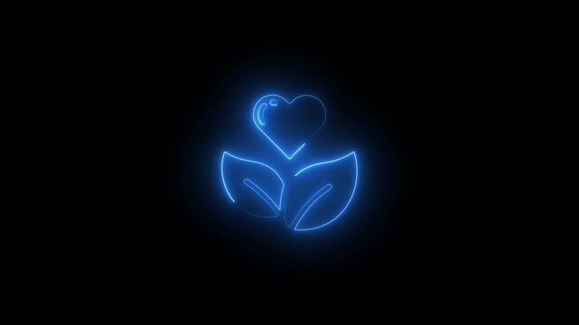 Glowing Blue Neon Heart Leaf Symbol on Black Background Eco Friendly Concept