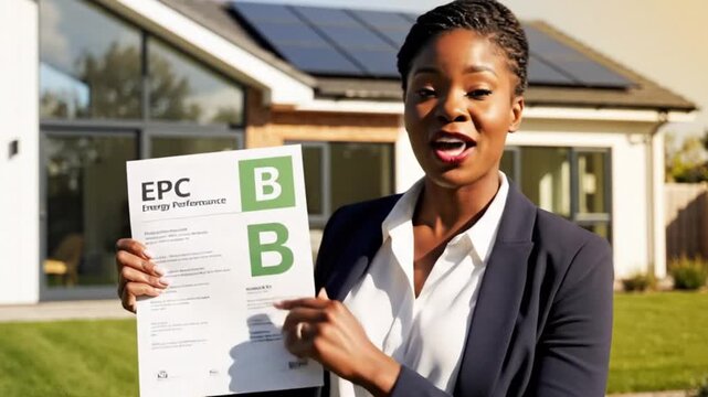 A confident professional individual, dressed in a sleek business suit, is actively presenting an energy performance document that prominently showcases impressive efficiency ratings, highlighted by cl