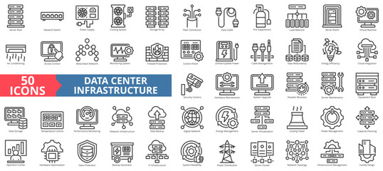 data center infrastructure icon set outline style illustration. containing server room, facility design, firewall protection, hardware maintenance, security camera, system upgrade, disaster recovery