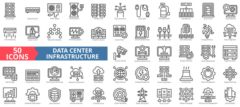 data center infrastructure icon set outline style illustration. containing server room, facility design, firewall protection, hardware maintenance, security camera, system upgrade, disaster recovery