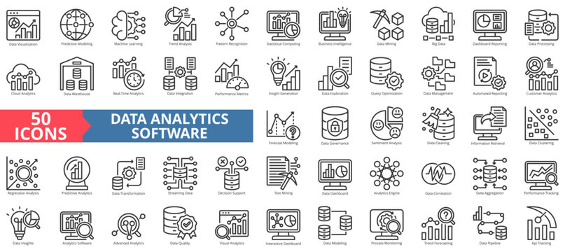 data analytics software icon set outline style illustration. containing insight generation, statistical computing, pattern recognition, forecast modeling, information retrieval, regression analysis
