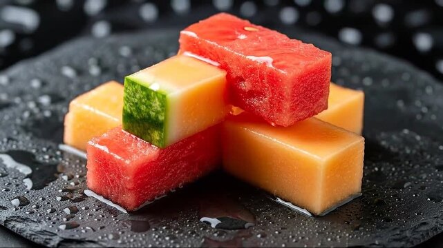 Fresh Melon Cubes Still Life: Watermelon and Cantaloupe on a Wet Black Surface