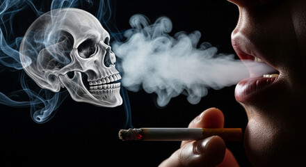 Smoking Danger Concept with Skull Shaped Smoke on Dark Background