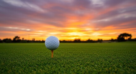 A golf ball perches on a tee in a lush green field at sunset