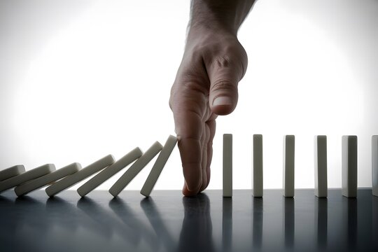 Human hand forcefully stops falling white dominoes in a chain reaction on a reflective surface against a bright background