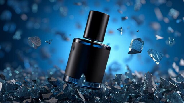 A black bottle is surrounded by shattering blue glass shards against a dark blue background