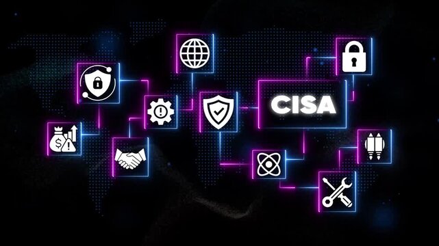 C I S A Cybersecurity Network Security Concept with Shields Locks and Tools on Black Background with Neon Lights