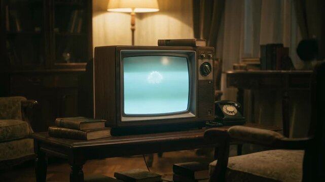 Nostalgic vintage television flickering with static in a dimly lit retro room ambiance