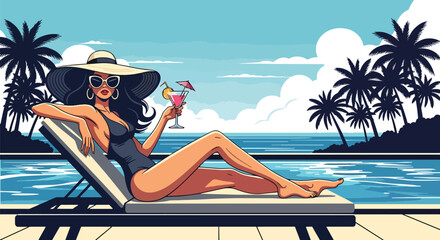 Fototapeta premium Vector illustration of a stylish woman lounging beside an infinity pool with ocean view, symbolizing luxury summer leisure and high-end resort lifestyle in flat vector style