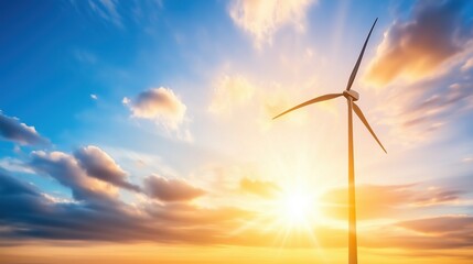 Obraz premium Wind turbine silhouetted against a vibrant sunset sky with sun rays and clouds