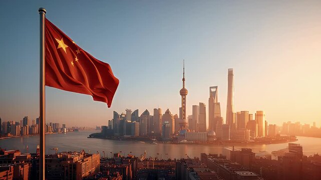 Chinese flag waving during golden sunset over Shanghai skyline