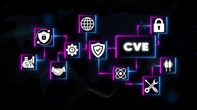 Cybersecurity C V E Common Vulnerabilities and Exposures concept with of shield, lock, globe, and tools on a futuristic background