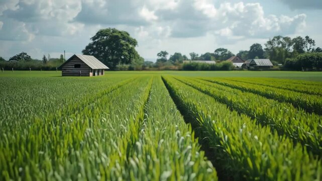 Young green wheat field with tractor track farmhouse and barn cloudy sky conveying peaceful rural