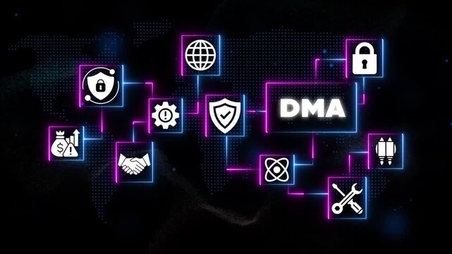 Digital Marketing Automation Concept with Security Shields, Globe, Locks, and Tools on Black Background with Neon Lines
