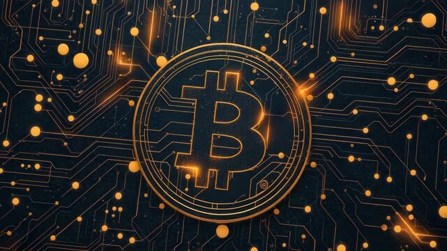Glowing cryptocurrency coin circuit motherboard network blockchain coin symbol conveying secure