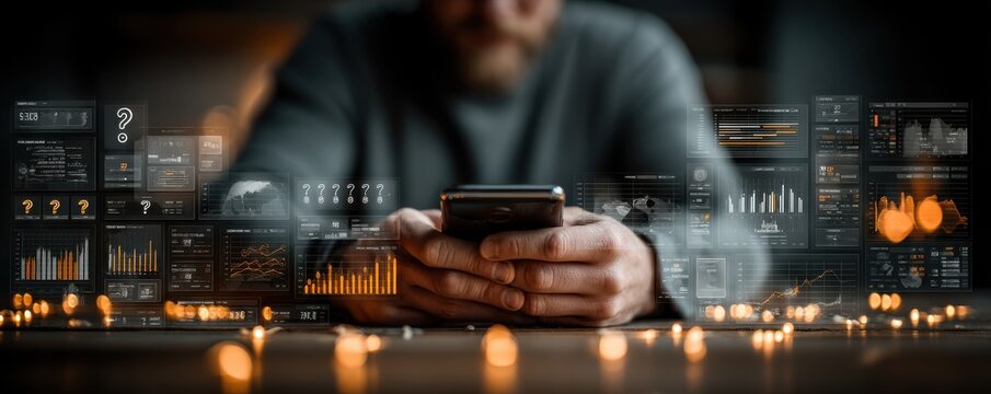 Person using a smartphone with futuristic holographic dashboards and data visuals in the background