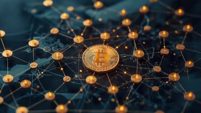 Golden bitcoin cryptocurrency coin glowing blockchain network nodes with digital finance