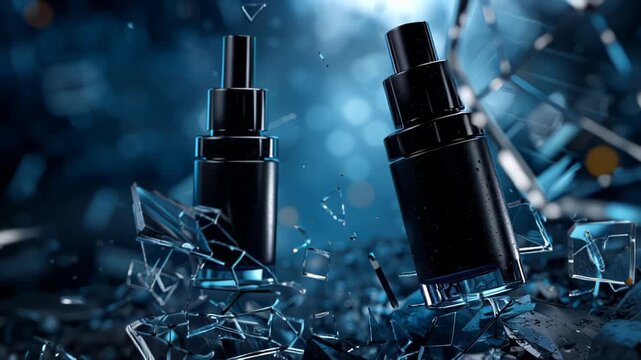 Two dark dropper bottles emerge from shattered blue glass shards