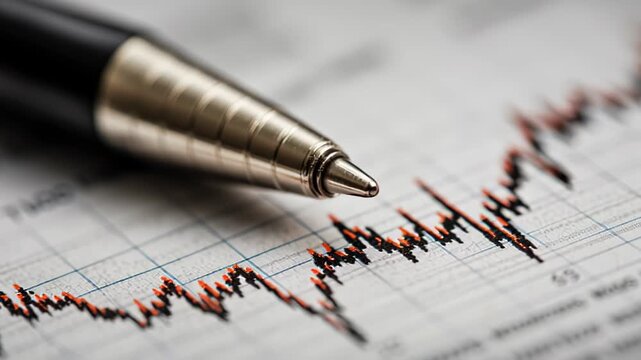 Metallic pen tip hovers above a fluctuating stock chart