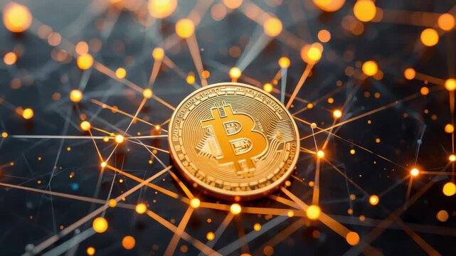 Golden cryptocurrency coin digital blockchain network coin with glowing nodes futuristic blockchain
