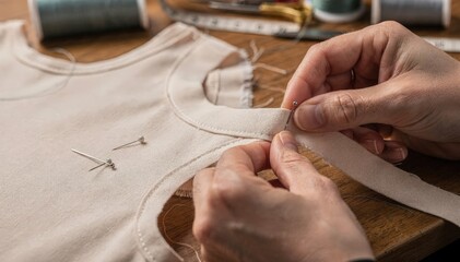 Closeup medium shot of a tailor stitching bias binding onto an armhole edge enhancing garment durability and clean finish with precision handwork.