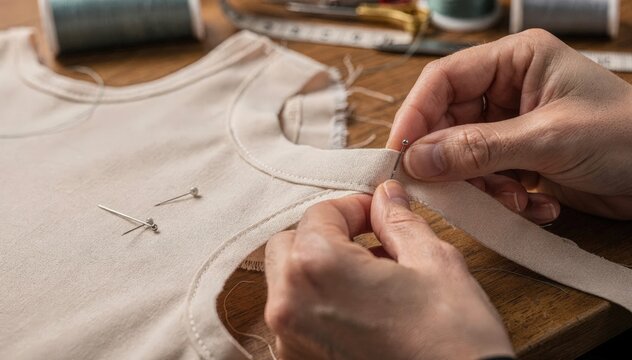 Closeup medium shot of a tailor stitching bias binding onto an armhole edge enhancing garment durability and clean finish with precision handwork.