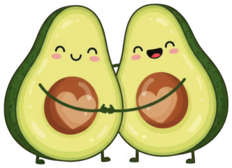 Two cute avocado halves holding hands and smiling, depicting friendship or love PNG