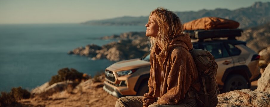 Woman traveler rests on a rocky coastal cliff with backpack beside an SUV on a scenic sea view road trip