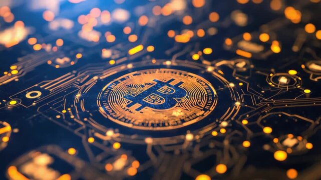 Golden bitcoin cryptocurrency coin circuit board technology glowing with blue orange bokeh