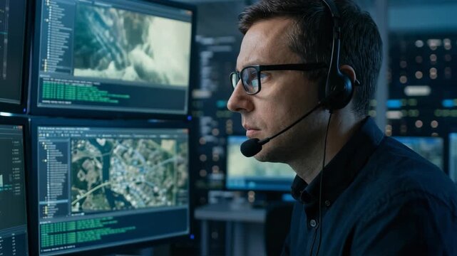 Focused analyst working in a modern high tech control room monitoring multiple screens and decoding data