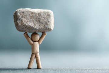 Wooden figure holding a heavy stone block above its head.