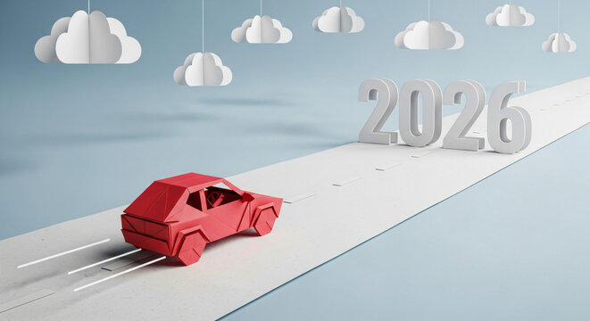 A futuristic concept showcasing a red car moving towards the year 2026, set against a backdrop of stylized clouds and a long road.