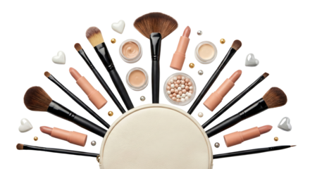Professional makeup brushes and cosmetics arranged in a fan shape on a white background