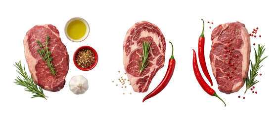 Raw Beef Steaks with Spices, Herbs, and Chili Peppers - Isolated