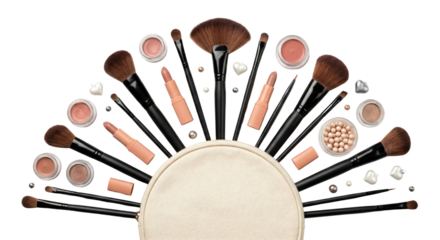 Professional Makeup Brushes and Cosmetics Arranged in a Fan Shape on White Background