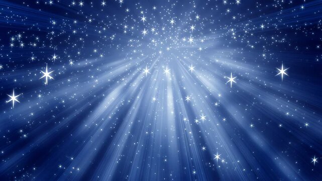 Radiant beams of light emanate from a central point through a field of sparkling stars