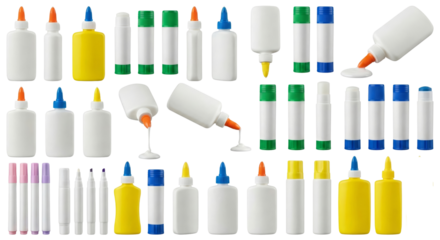 Assorted Glue Bottles and Markers Collection