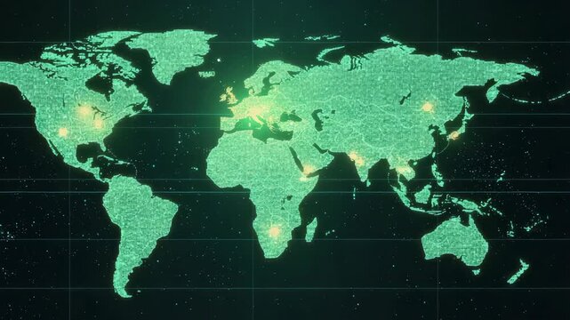 Global digital world map with glowing node network and cyber data texture conveying connectivity