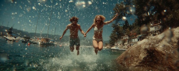 Joyful couple jumps into the sea from rocky shore on a sunny day at a seaside vacation